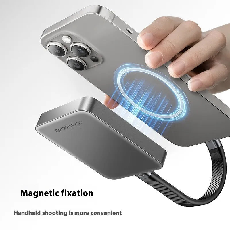 Grey ultra-thin magnetic mobile SSD with C to C cable and magnetic suction ring.