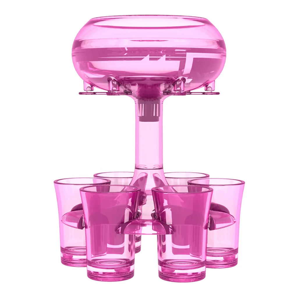 Transparent Plexiglass 6-shot glass dispenser rack holding six cups on a stand.