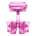 Transparent Plexiglass 6-shot glass dispenser rack holding six cups on a stand.