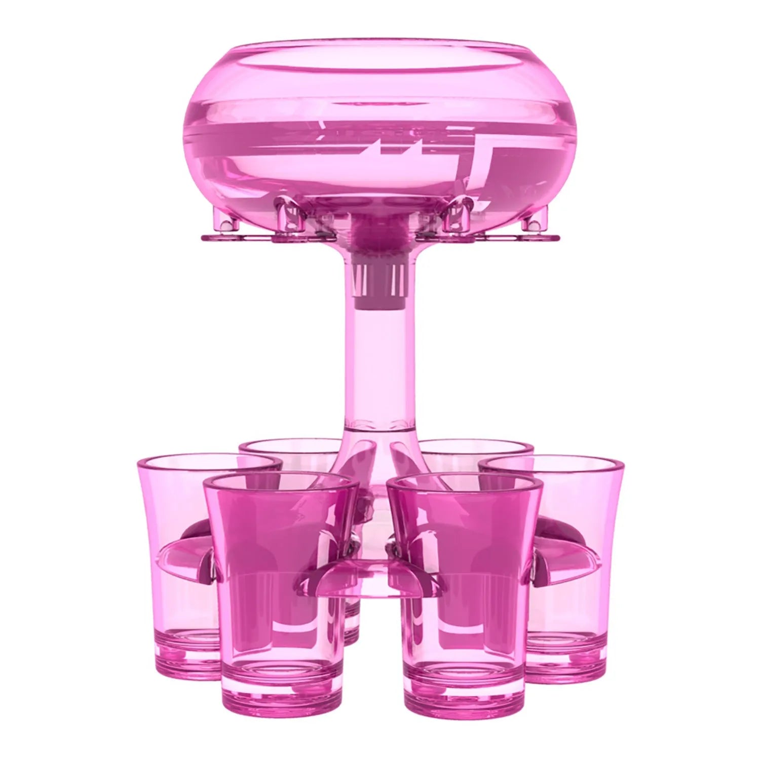 Transparent Plexiglass 6-shot glass dispenser rack holding six cups on a stand.