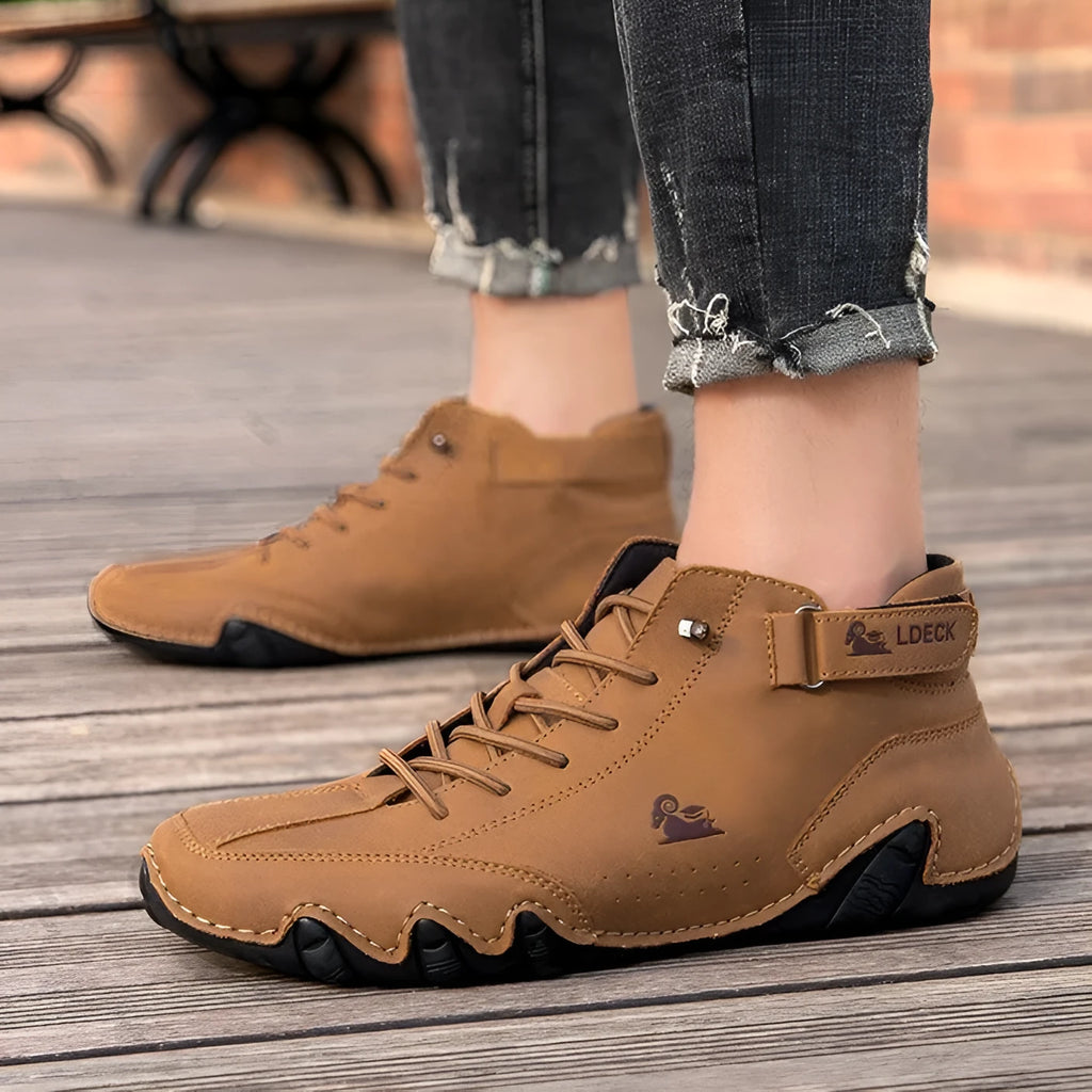 Octopus men's khaki high top boots with round toe and non-slip rubber sole.