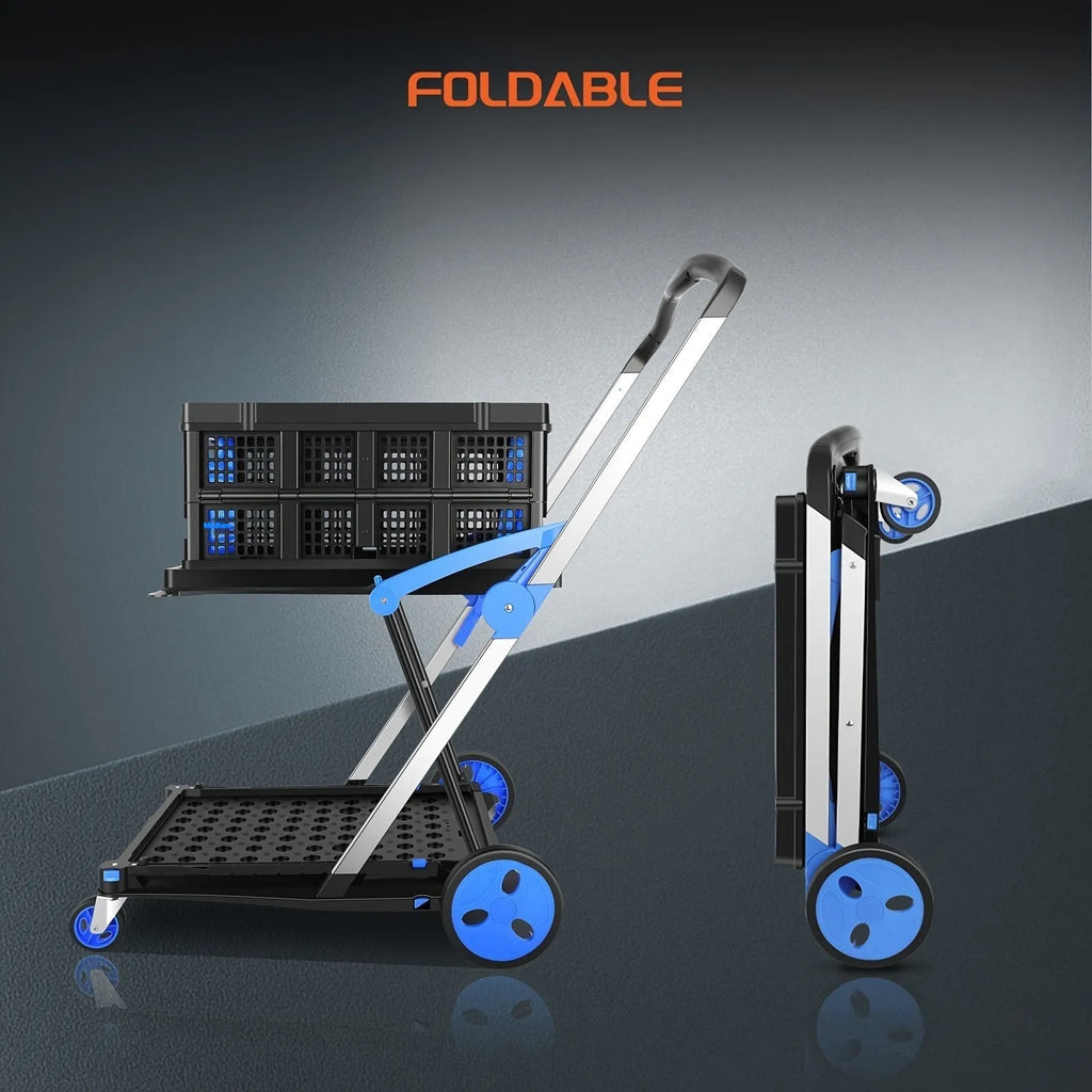 Foldable plastic shopping cart with double basket design in blue colour option