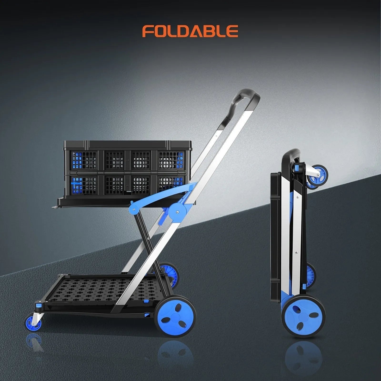 Foldable plastic shopping cart with double basket design in blue colour option
