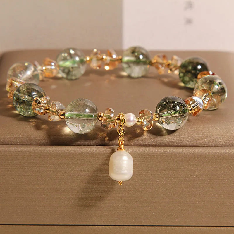 Women's green phantom quartz crystal bracelet with champagne crystals and pearl accents in Japanese-Korean style