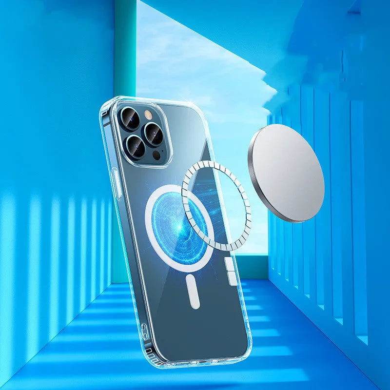 Transparent MagSafe magnetic iPhone 13 case showing airbag protection design on a table.
