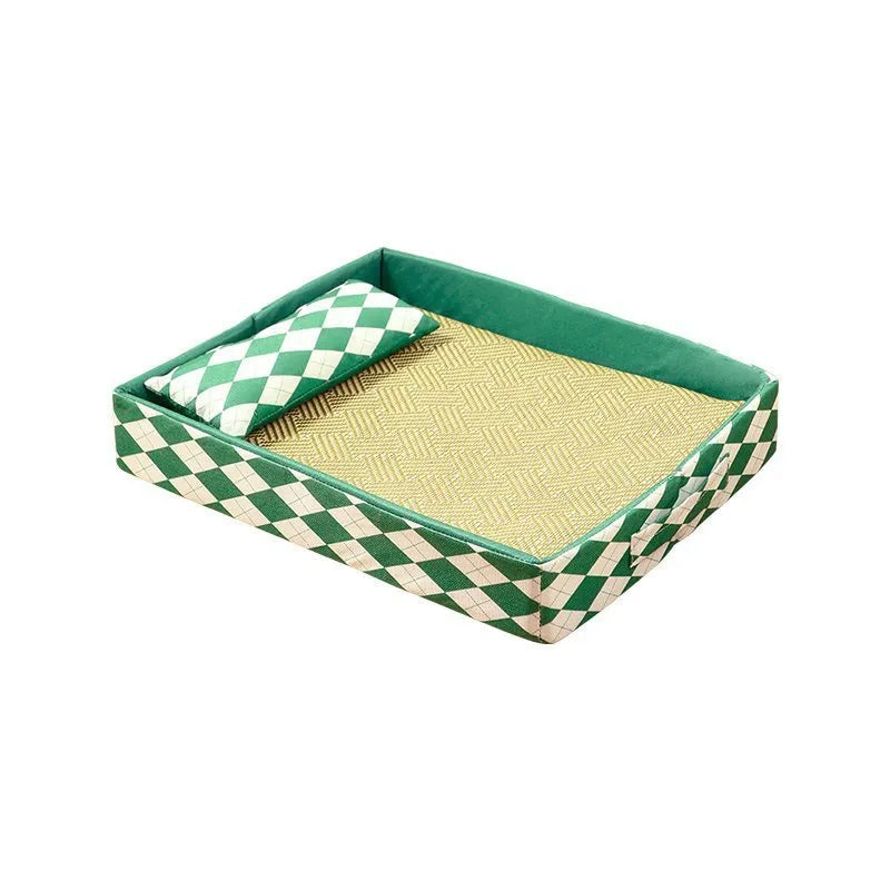 Blue rattan cat litter mat serving as dual-purpose pet bed and litter containment area