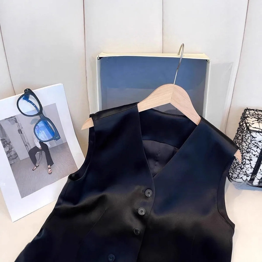 Black satin ladies' sleeveless vest on a hanger, showing loose fit.