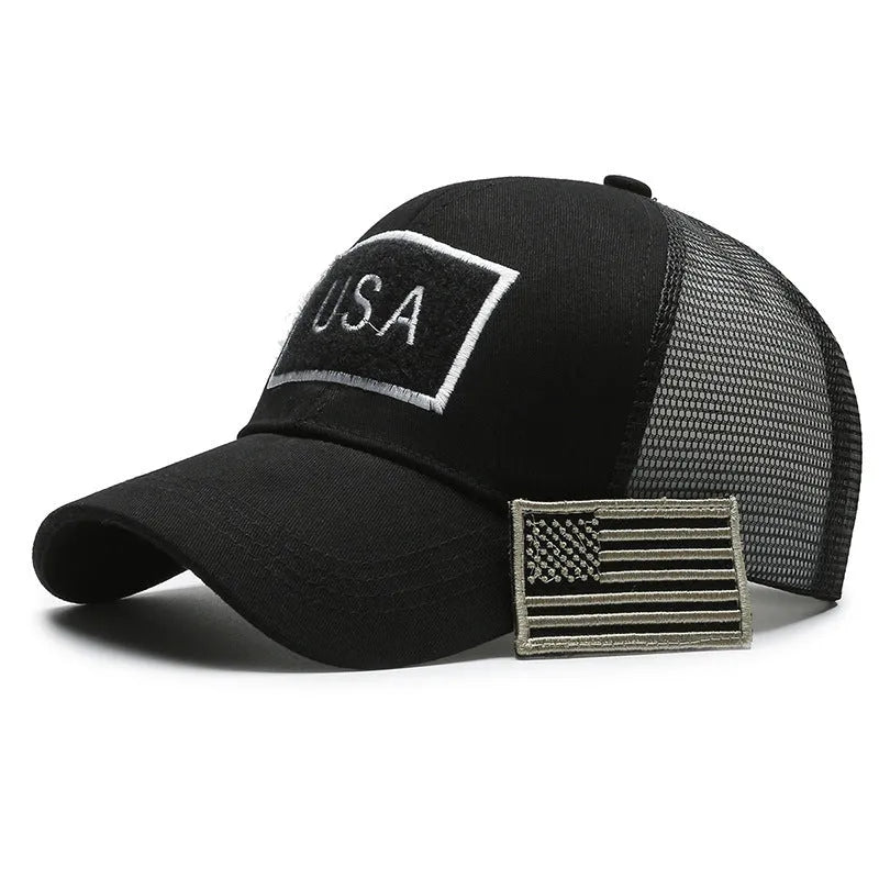 Tactical camouflage baseball cap with machine embroidery, adjustable Velcro back, and dome crown design