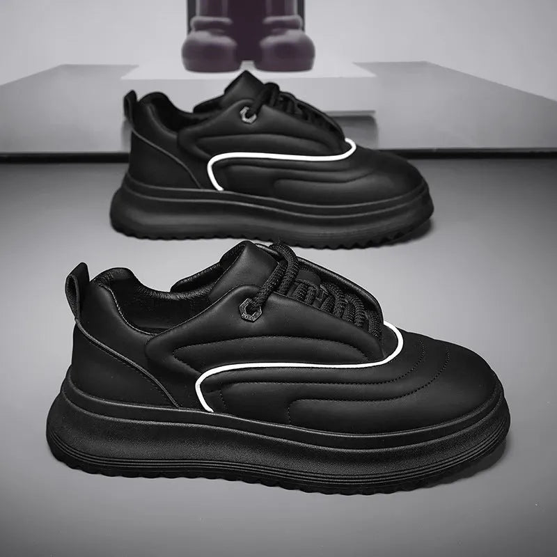 PU leather casual loafers with a thick sole and low heel for height increase, shown in multiple colour options.