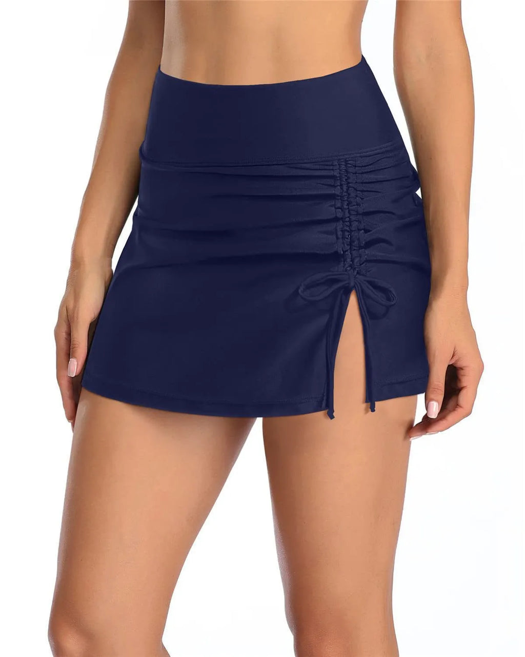 Women's solid colour polyester swimming trunks shown in briefs style