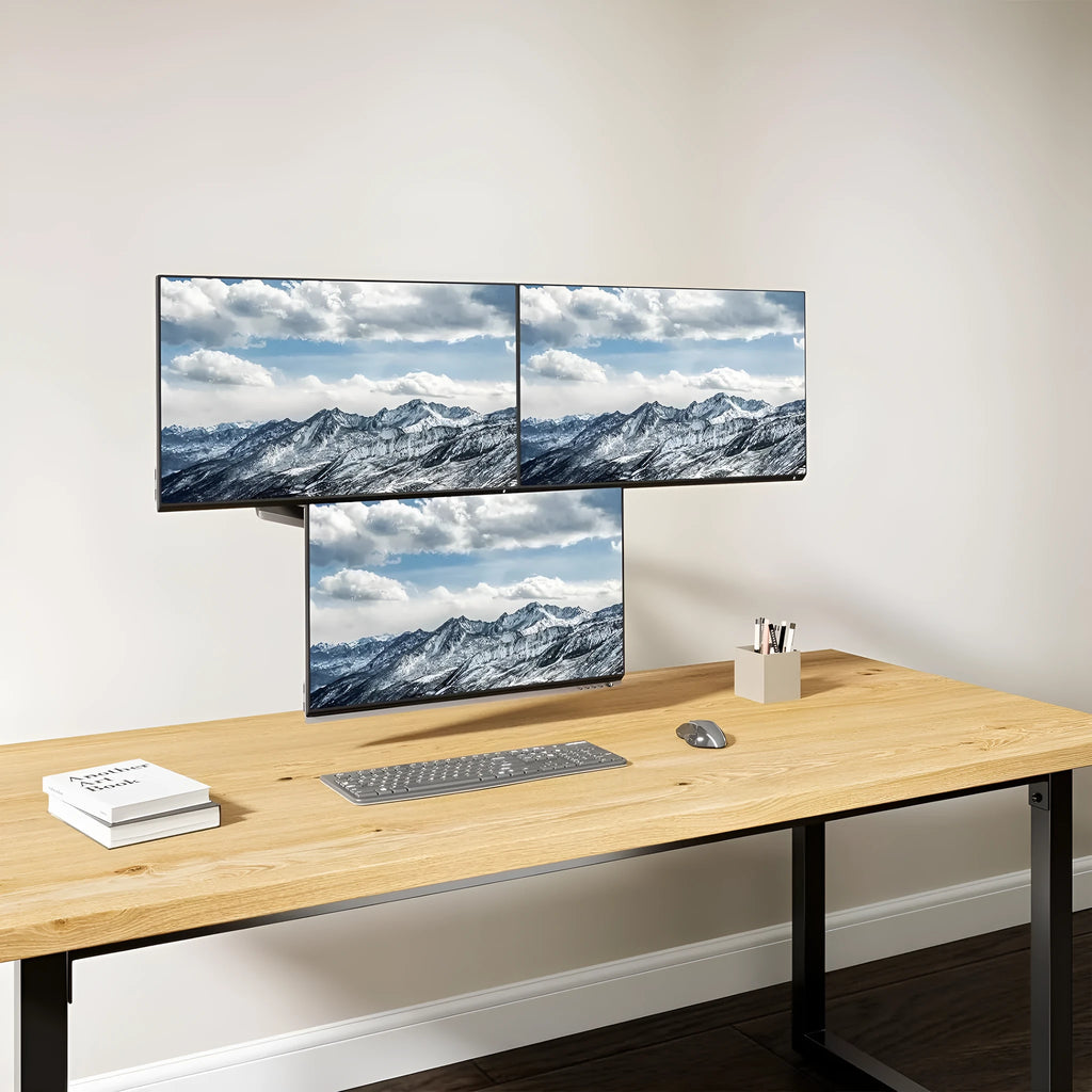 Black three-arm gas spring computer monitor mounting arm for 27-inch screens