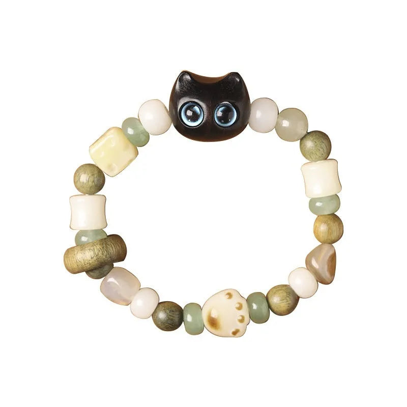 Hand-woven beaded bracelet with a cat's paw charm, jade, and wood beads in a cartoon style.