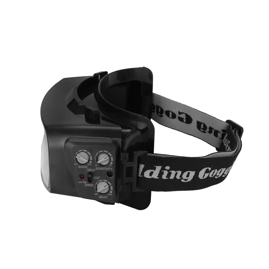 Black automatic darkening welding mask glasses showing large rectangular viewing lens.