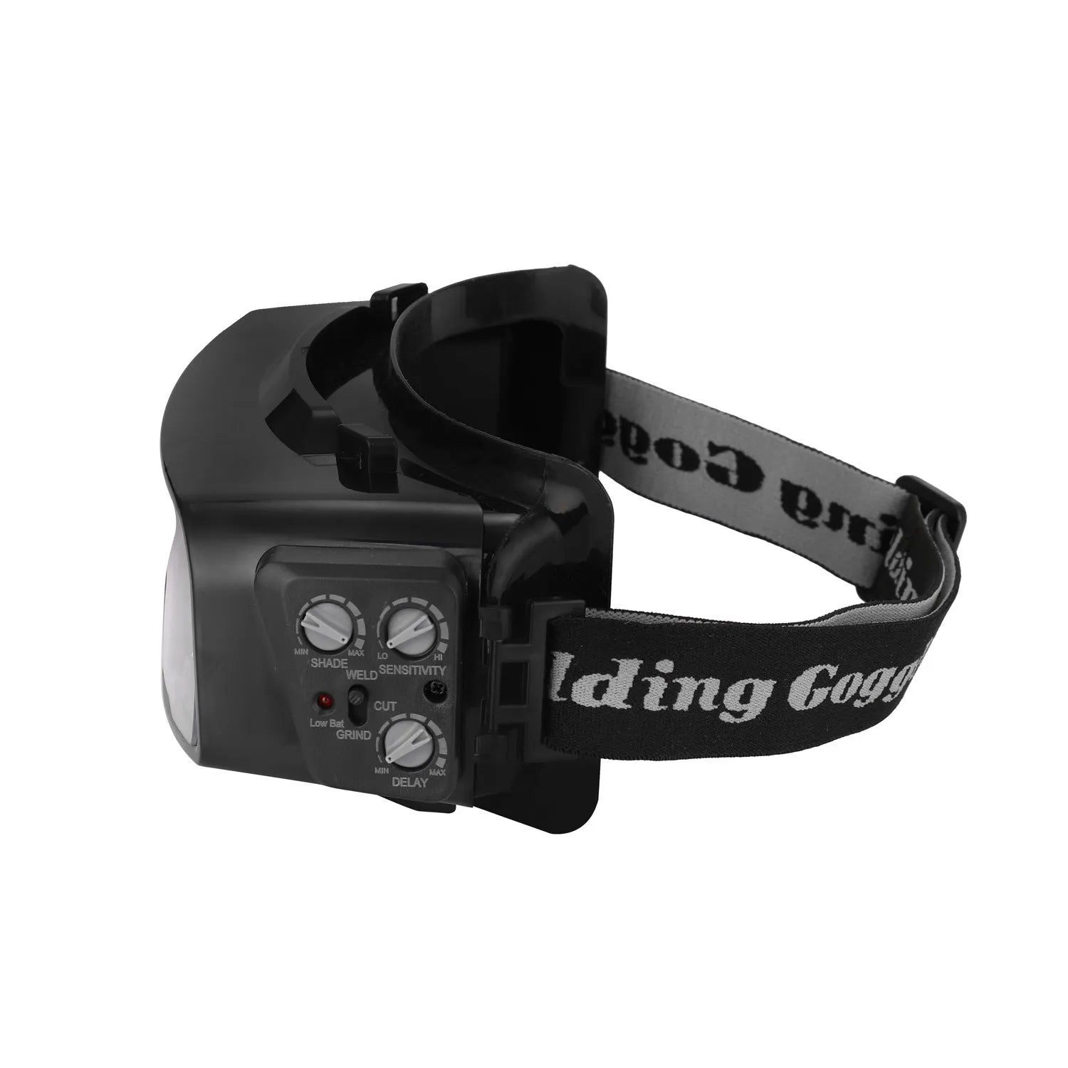 Black automatic darkening welding mask glasses showing large rectangular viewing lens.