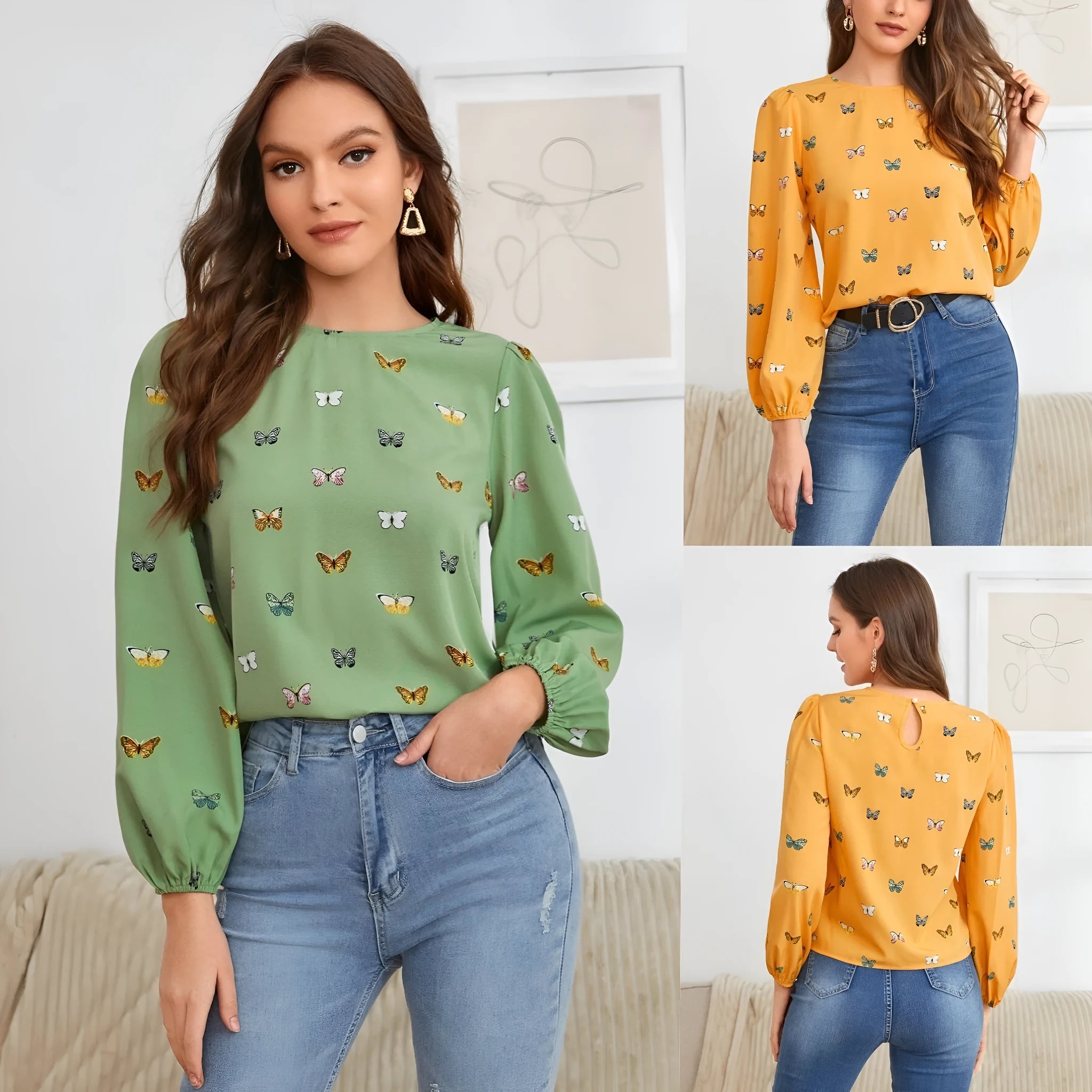 Women's green butterfly print long-sleeved loose fit shirt