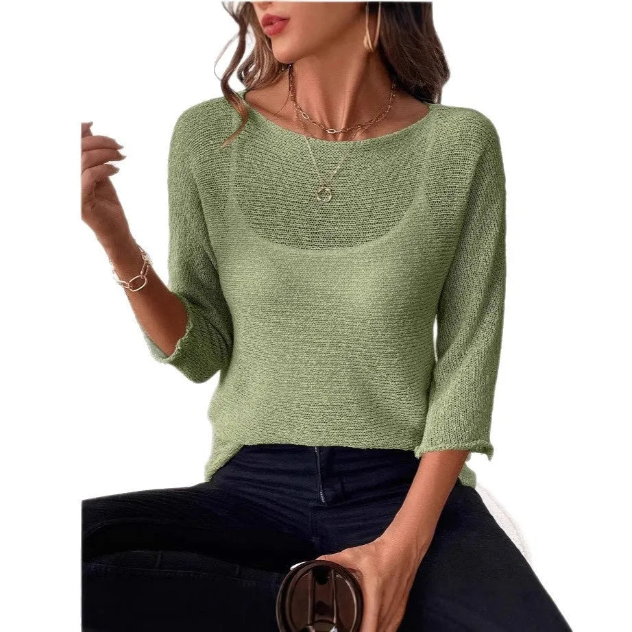 Women's off-shoulder knitted overall in thin fabric with 3D pattern and 3/4 sleeves