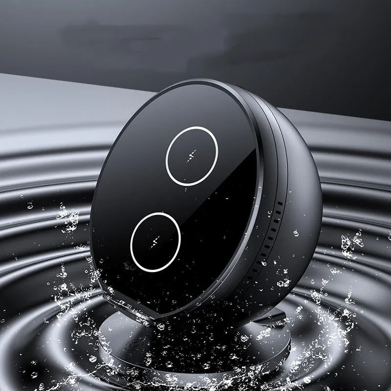 ABS plastic mobile phone wireless charging holder with Bluetooth speaker in black, blue, pink, or white.