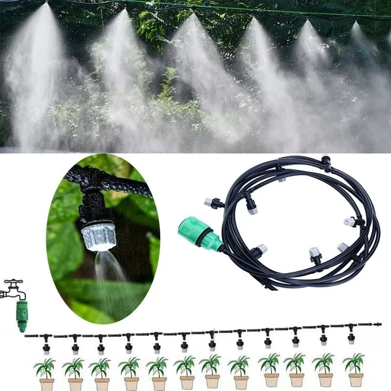 10 metre garden irrigation hose system with water mist and 10 spray heads for plant watering