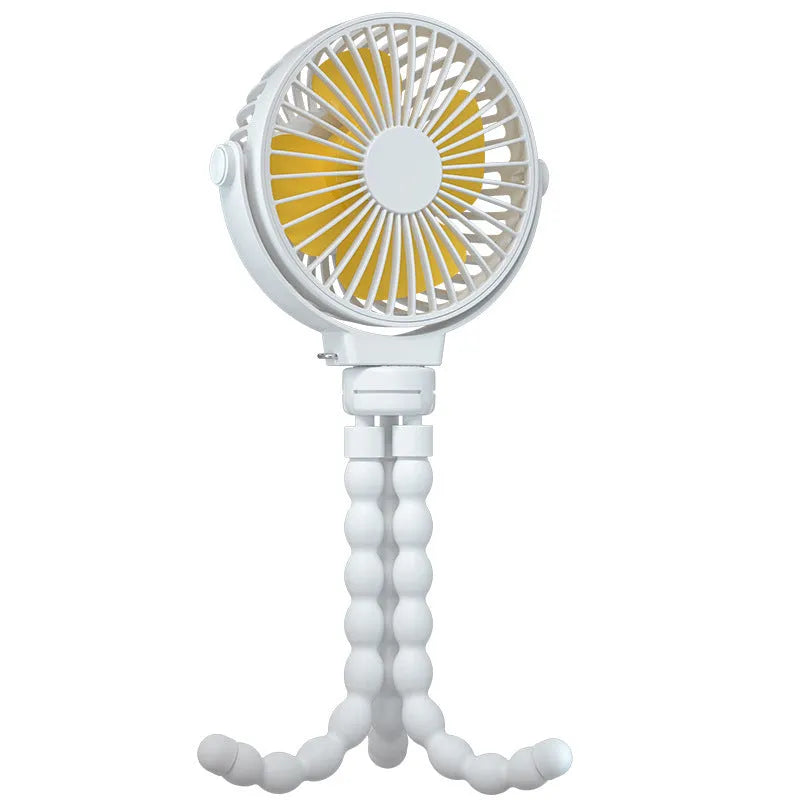 Black flexible tripod clip-on portable fan showing 360° rotation head and safety barrier around blades.