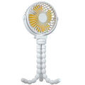 Black flexible tripod clip-on portable fan showing 360° rotation head and safety barrier around blades.