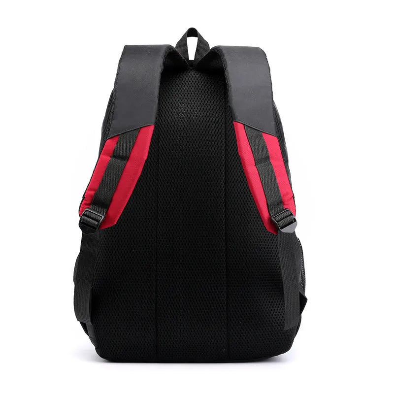 A high school student's nylon backpack with air pillow straps in black, red, blue, or grey colours.