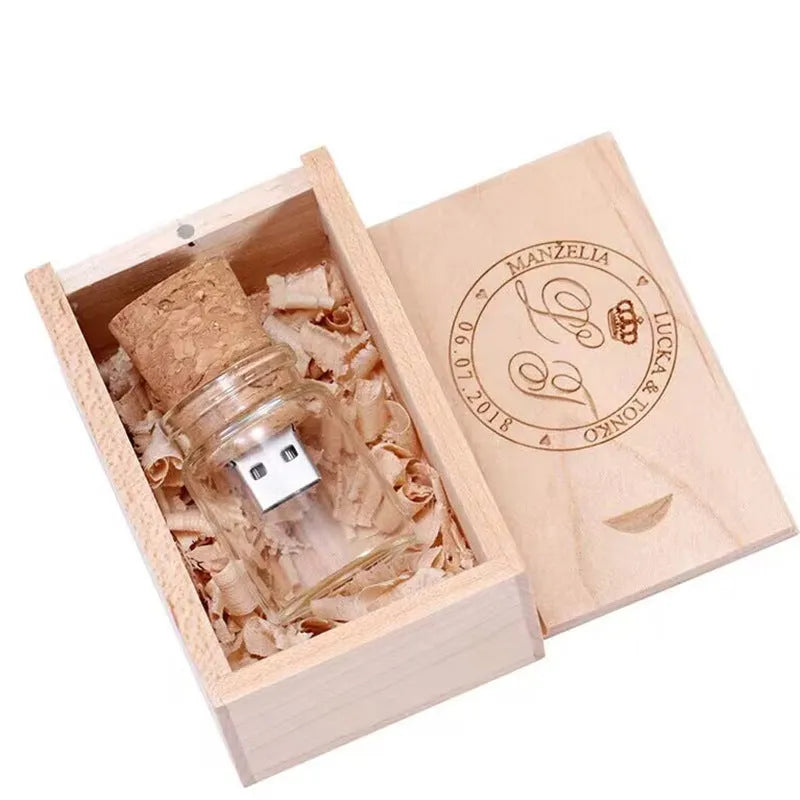 Transparent USB flash drive showing a wooden bottle model inside, dimensions 60mm by 28mm.