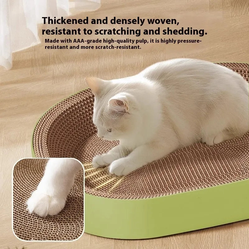 Green oval corrugated cardboard cat scratch board and nest bed, 55cm diameter