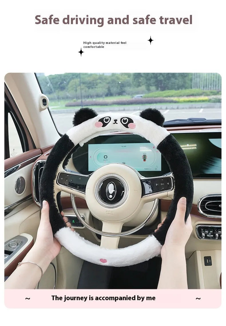 Plush winter steering wheel cover with embroidered cartoon animal, 38cm diameter.