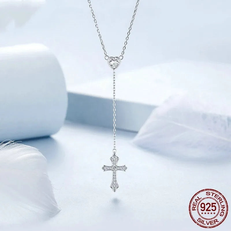 Women's 925 silver love cross pendant necklace with O-ring chain in BSN384 colour