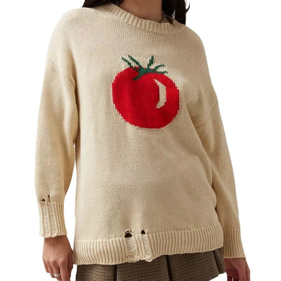 Women's milky white beige acrylic jacquard knit pullover sweater with round neck and long sleeves.