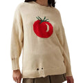 Women's milky white beige acrylic jacquard knit pullover sweater with round neck and long sleeves.