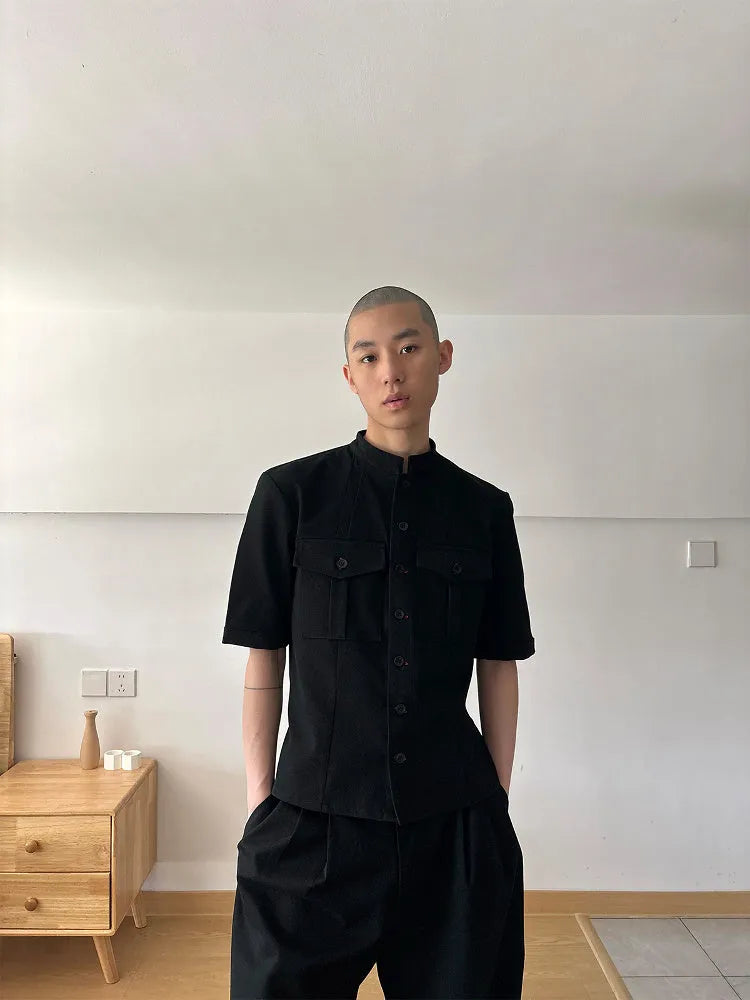 Handmade black hunting shirt with red eye design, half sleeves and shirt collar