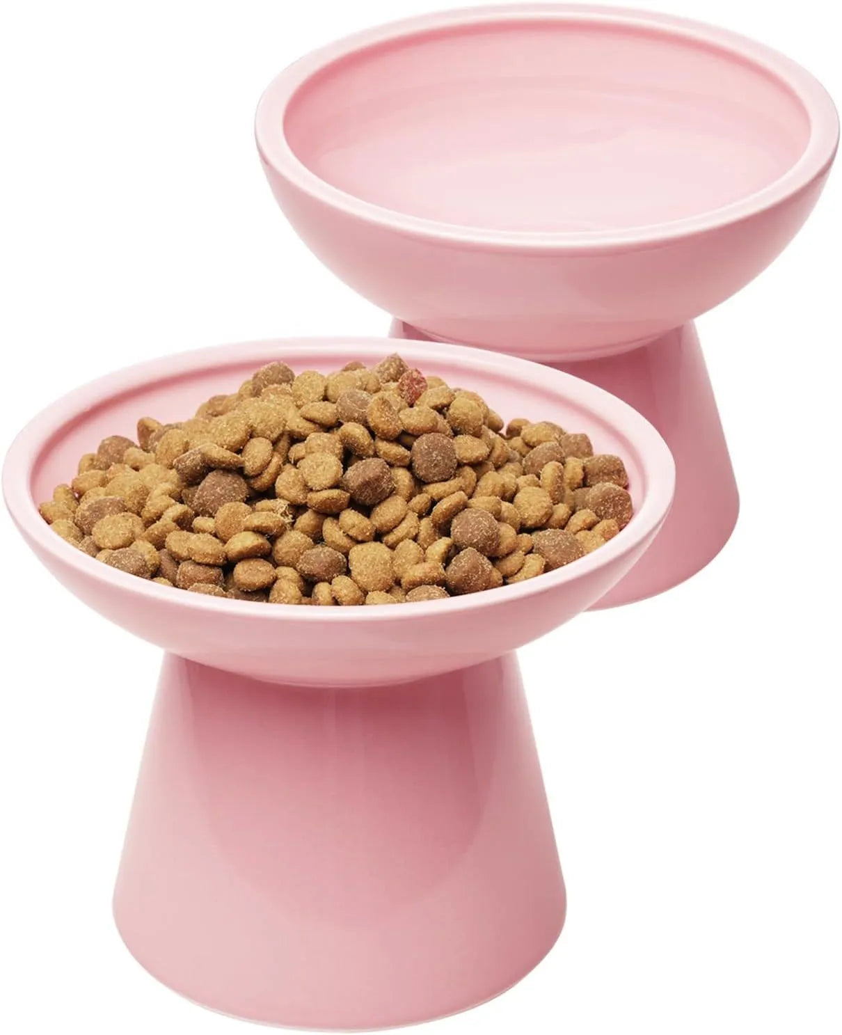 Blue ceramic elevated cat bowl with wide shallow design for comfortable feeding