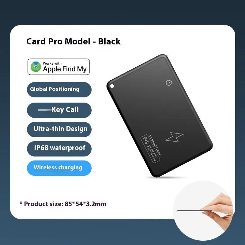 MFI Findmy AirTag anti-lost card tracker in black, shown next to a set of keys highlighting its slim 84mm x 52mm size.