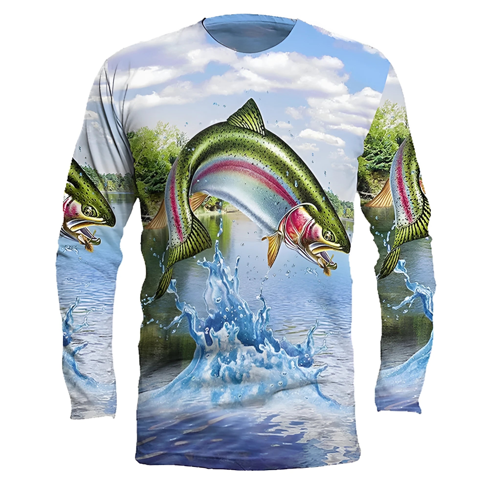 Men's grey pullover with a blue fish print design, showing round neck and long sleeves.