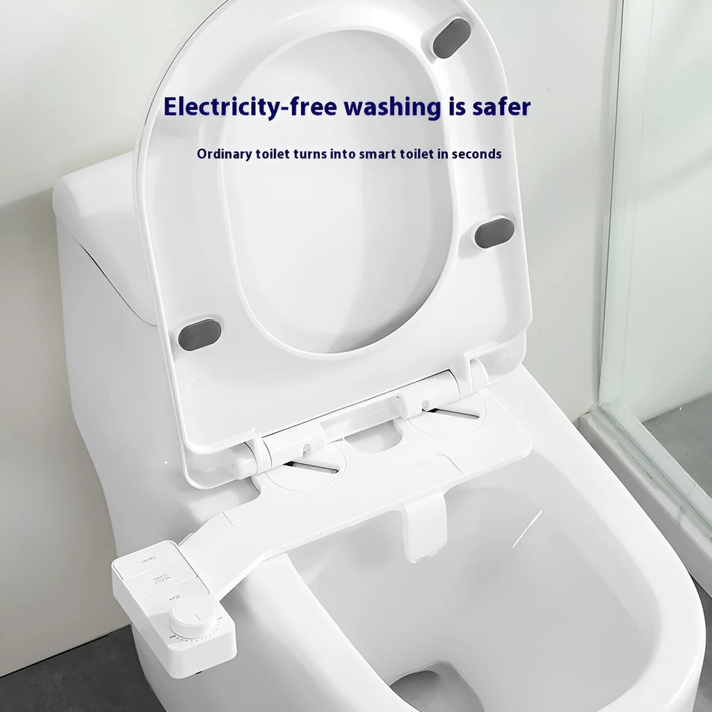 Pure white manual button-operated wash tool with detachable parts and a set of copper and brass tap adapters.