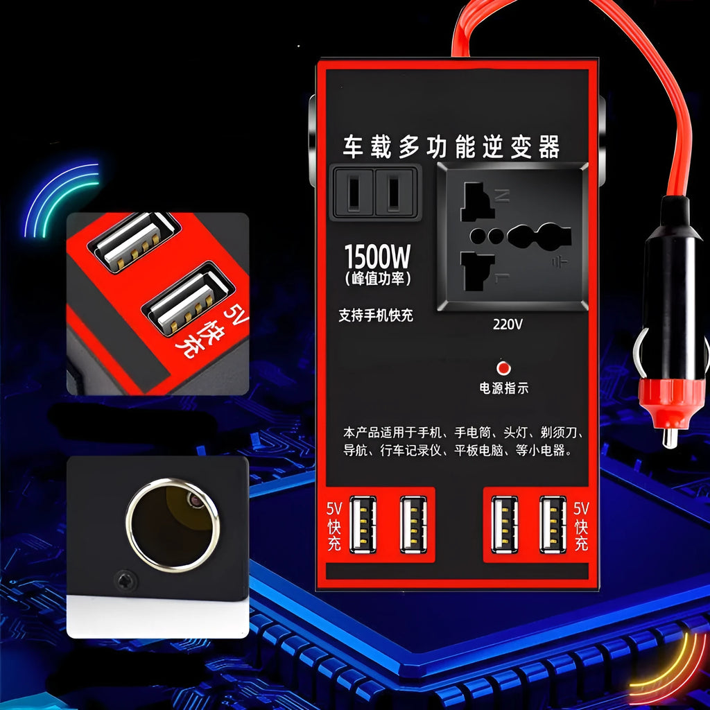 Black automotive power converter converting 12V 24V vehicle power to 220V with UK socket and USB ports
