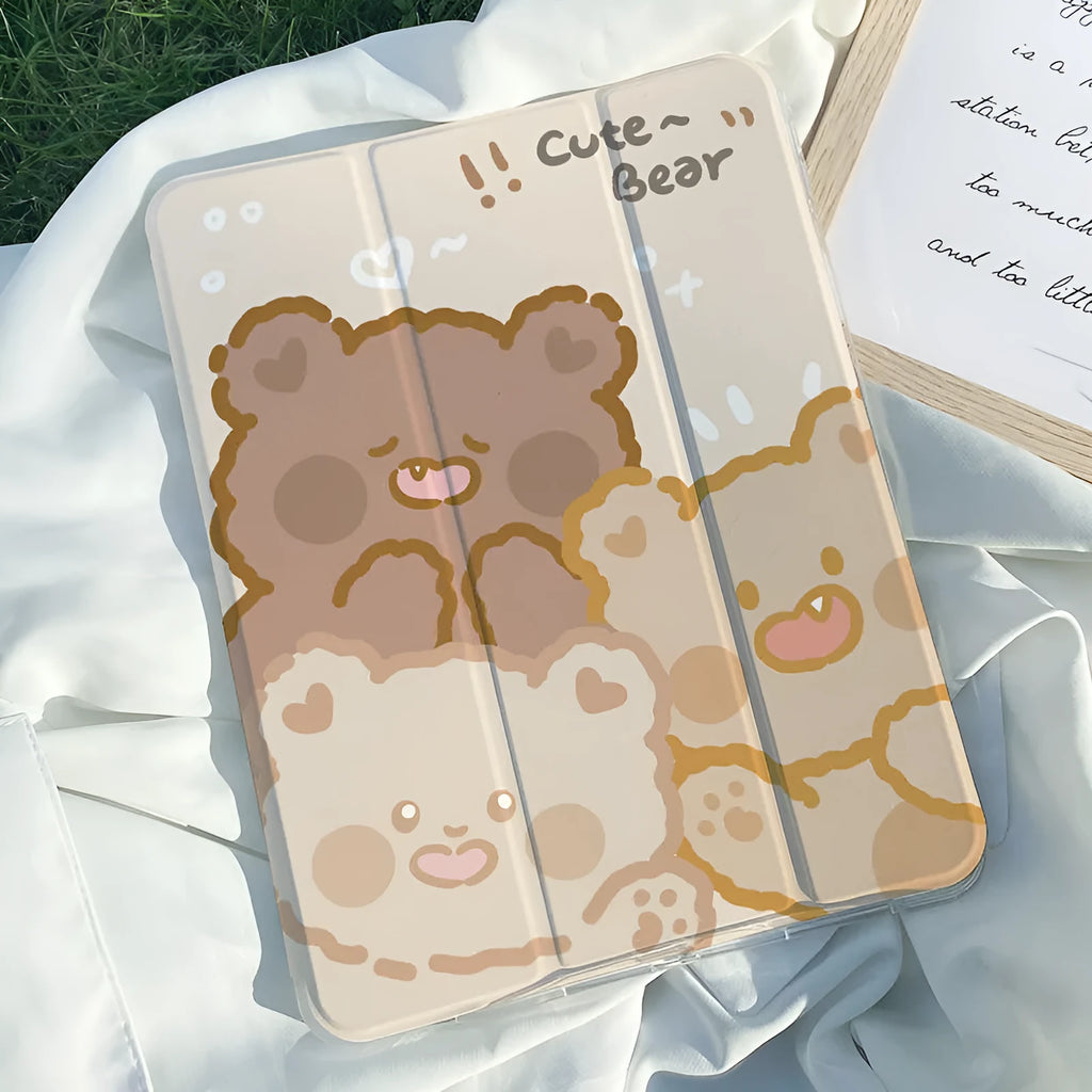 Silicone tri-fold iPad case with cartoon rabbit print, shown folded into a stand.