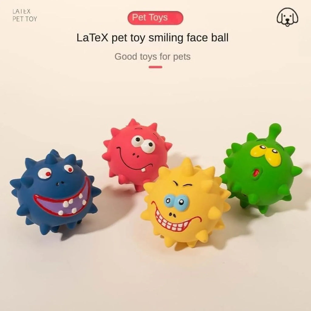 Four colourful squeaky dog balls with cute faces made from natural latex rubber