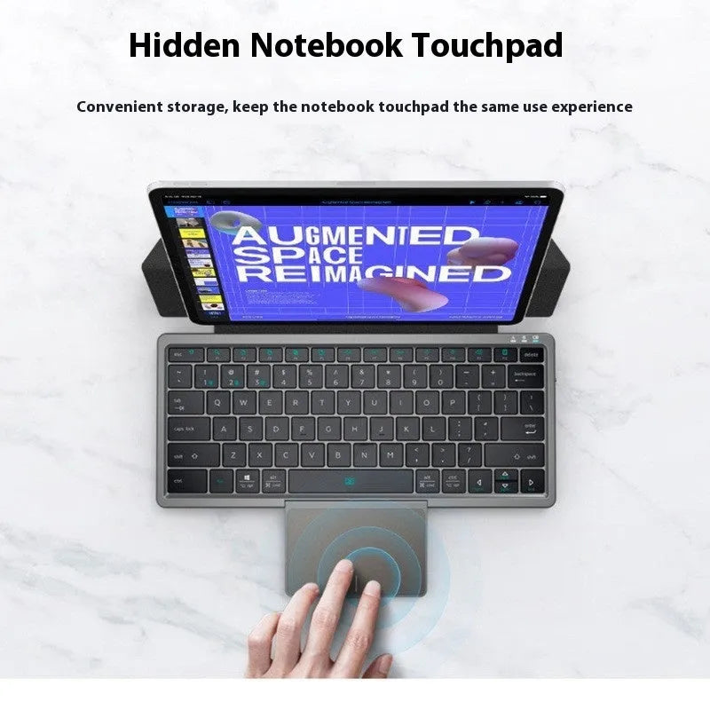 Universal wireless Bluetooth keyboard with touch pad inside a grey hardcover sheath with stand.