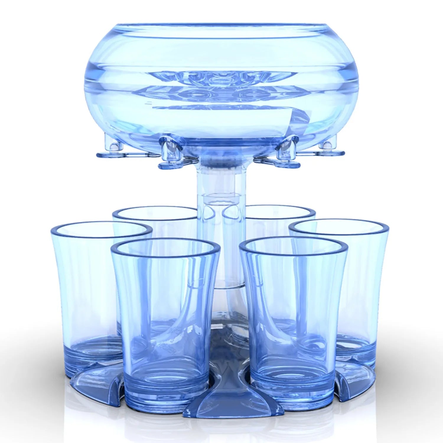 Transparent Plexiglass 6-shot glass dispenser rack holding six cups on a stand.