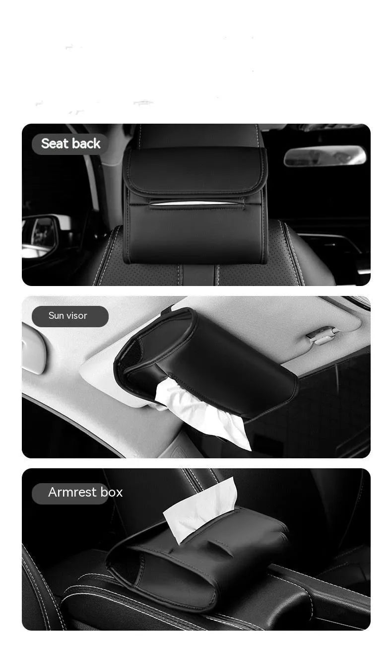 Leather car tissue box with elastic band hanging for vehicle mounting