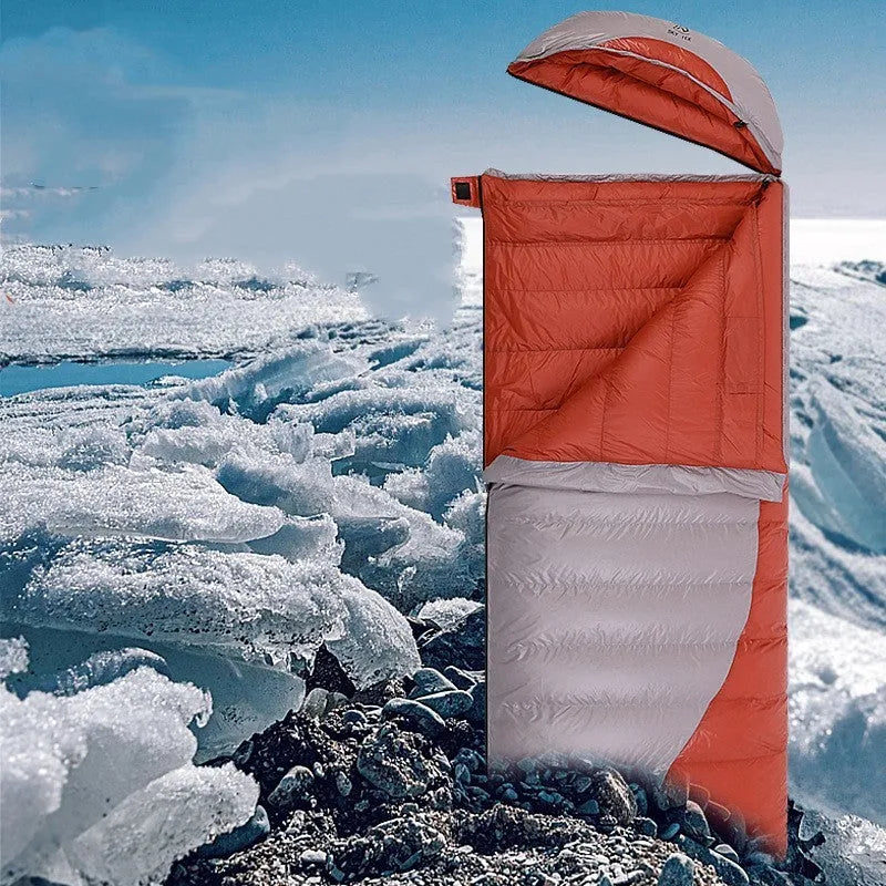 Outdoor camping envelope down sleeping bag in khaki grey with white goose down fill and nylon shell