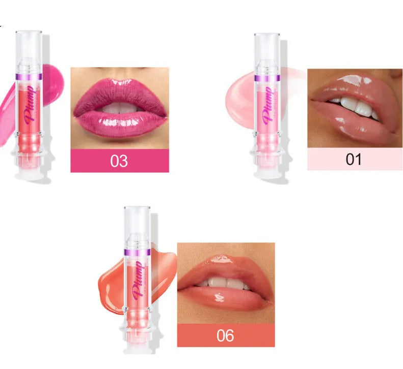 Lip gloss tube with mirror finish showing shiny application on lips