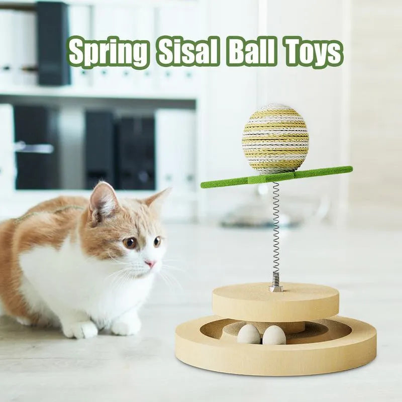 Green sisal cat scratching pad with interactive ball track and rotating spring ball toy