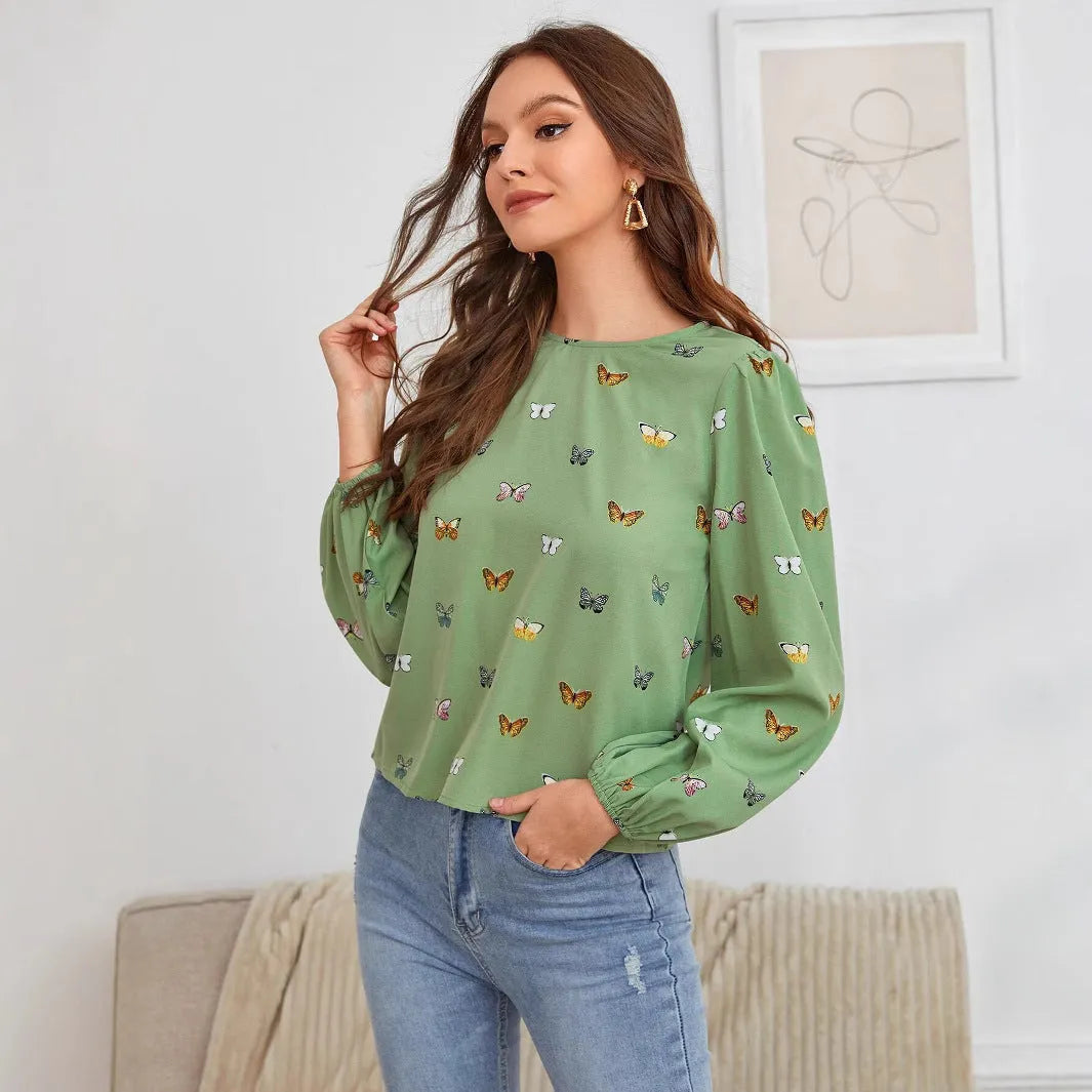 Women's green butterfly print long-sleeved loose fit shirt