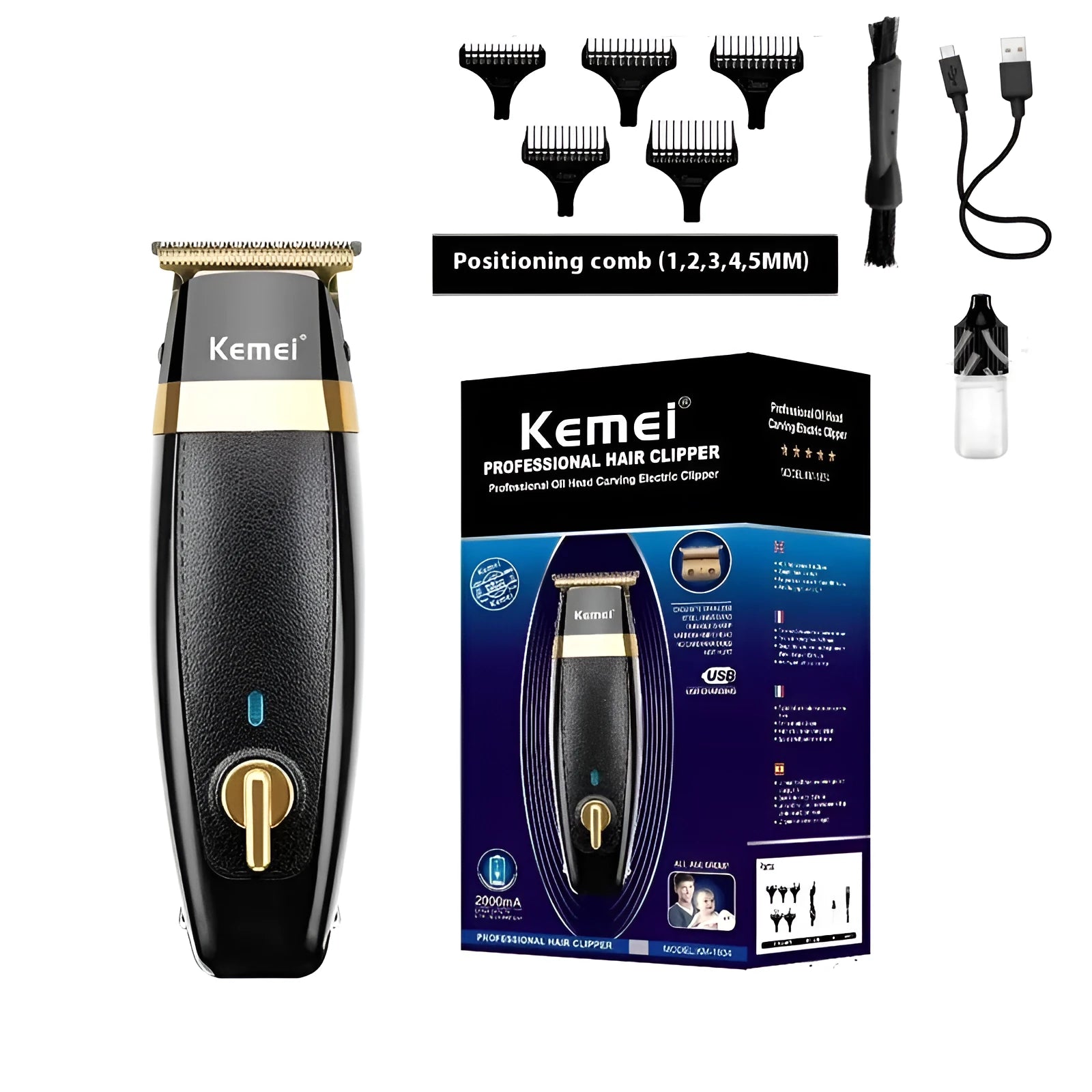 KM1834 rechargeable electric hair clipper with five limit combs, USB cable, lubricant, and brush on a table