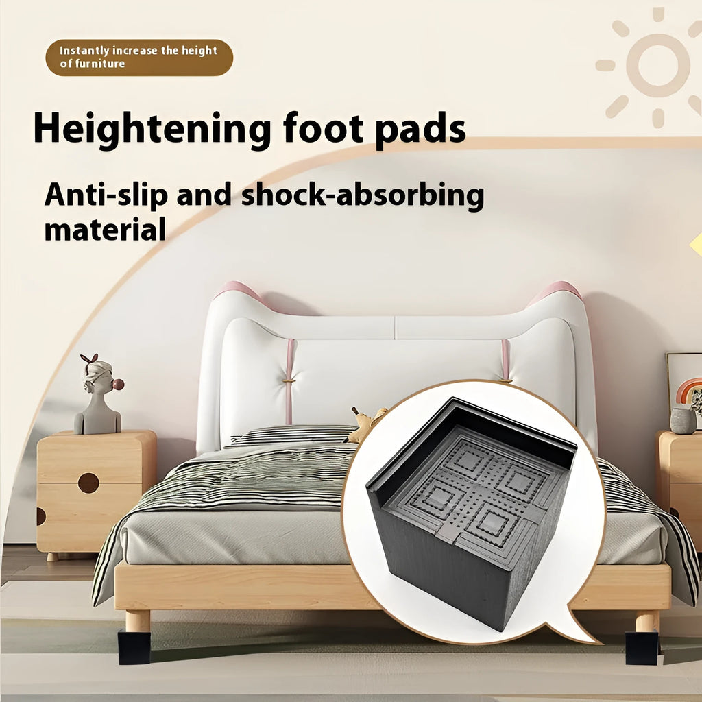 Four black plastic furniture riser mats for bed and sofa feet height adjustment