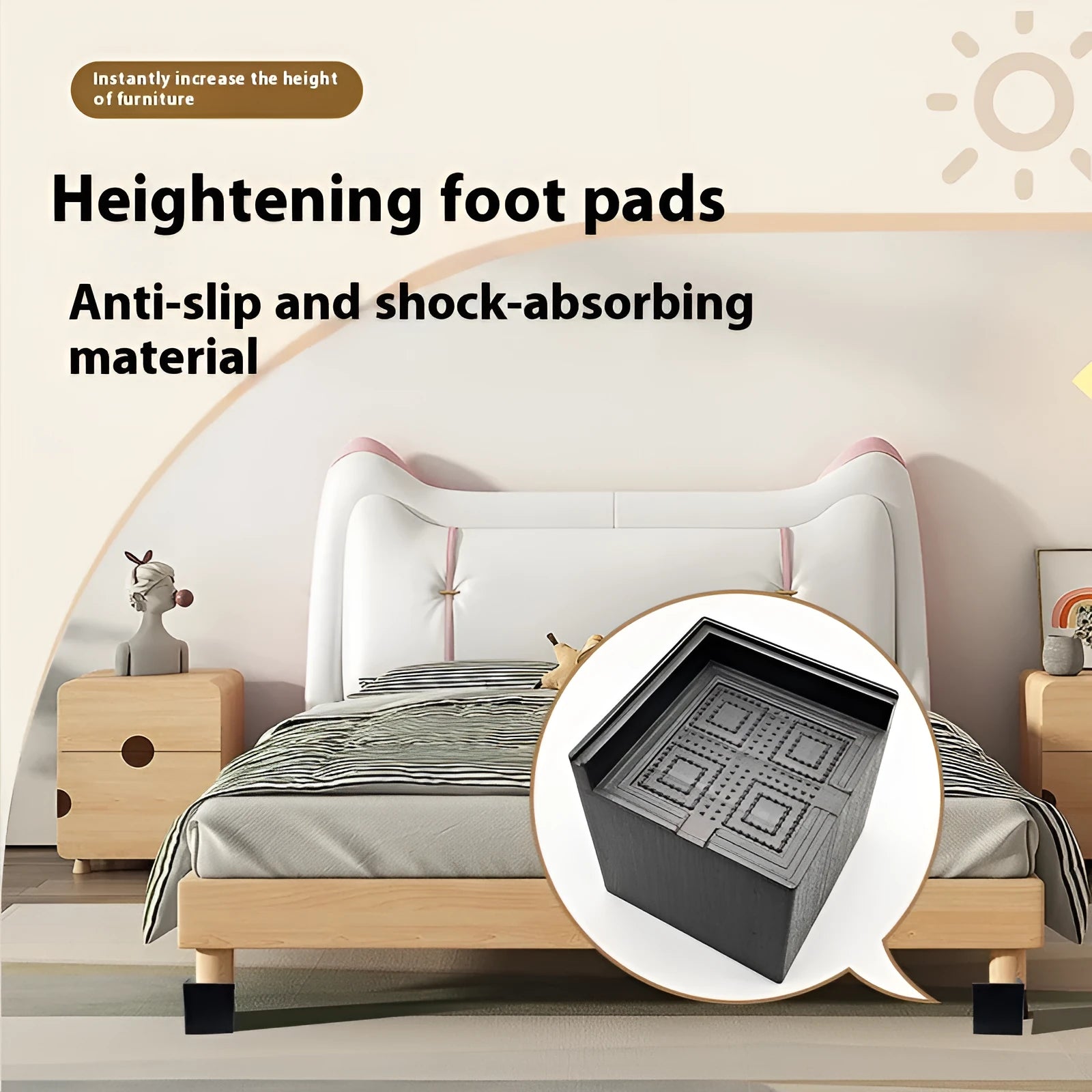 Four black plastic furniture riser mats for bed and sofa feet height adjustment