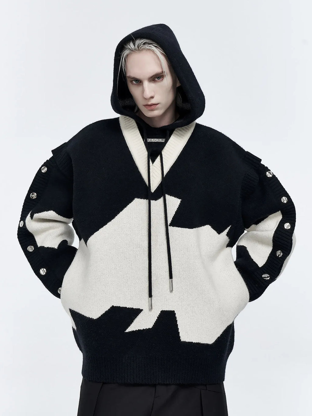 Men's ink gray black colour block long sleeve embroidered pullover hoodie jacket on hanger